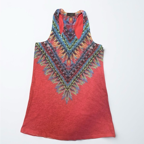 XNYC Womens Knit Tank Top Size S Pink Blue Feather Native Print Pullover boho - Picture 2 of 7
